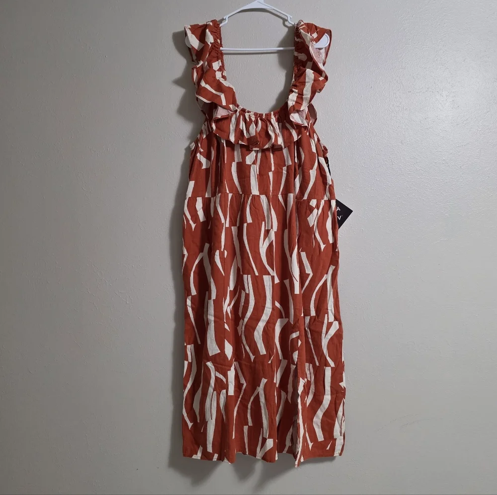 Ava & Viv Linen Blend Abstract Rust Ruffle Midi Dress Smocked Back Rayon Cruise - Picture 3 of 11